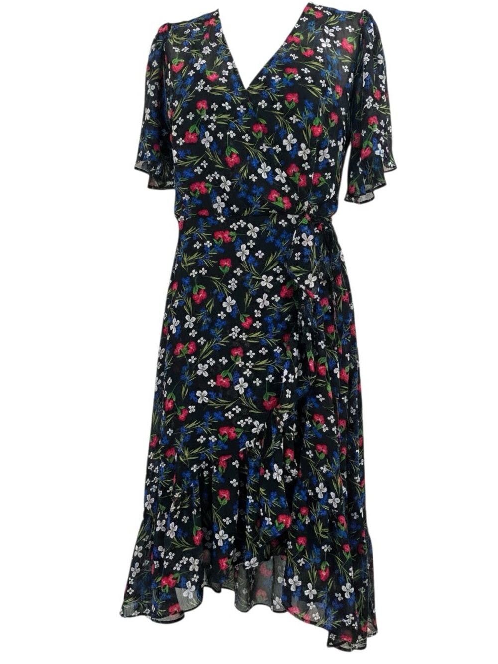 Calvin Klein Black Floral Faux Wrap Midi Dress Flutter Sleeves Cottagecore 10